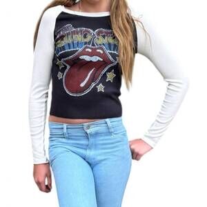 NEW ROWDY SPROUT girls rolling stones rib long sleeve baseball tee in black
